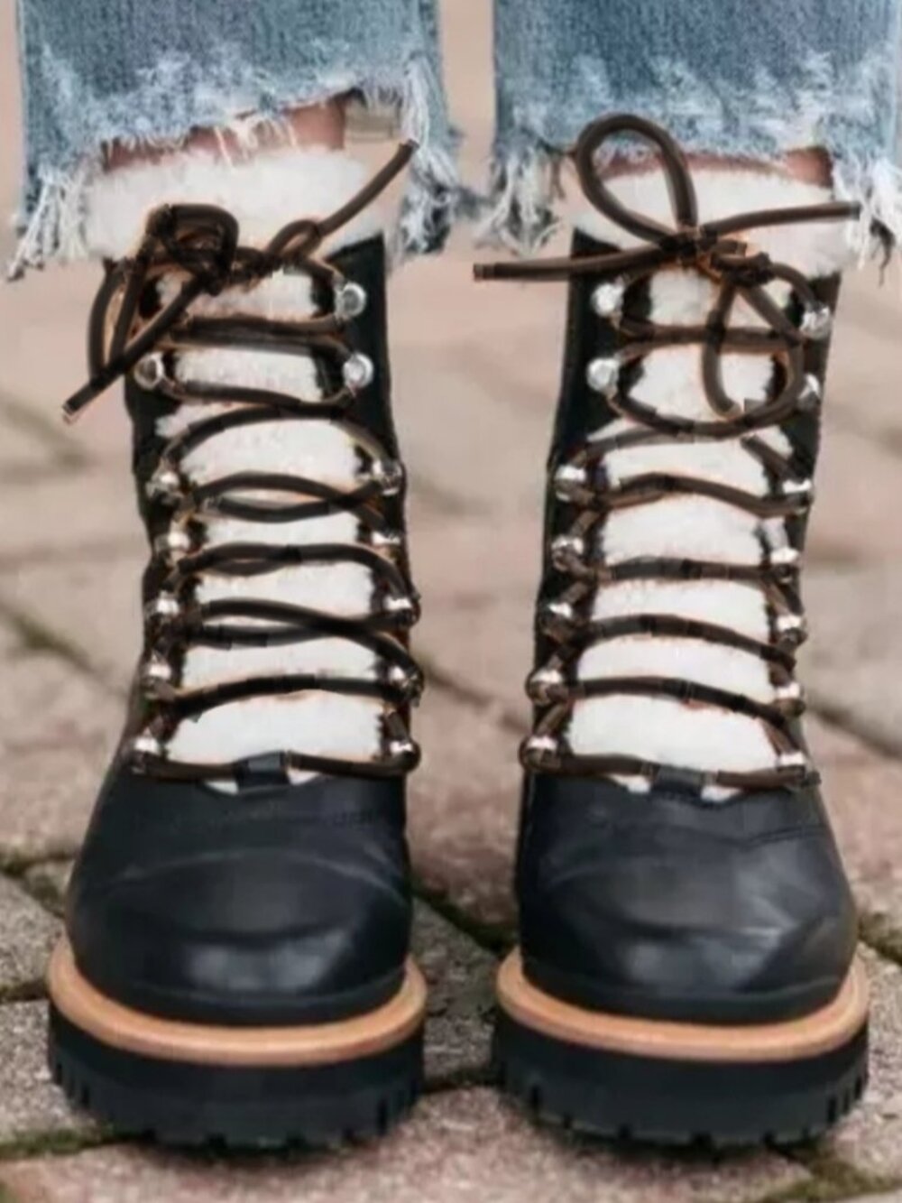 MARC FISHER "IDELLA" Shearling Hiking Lug Leather Buckle Boot